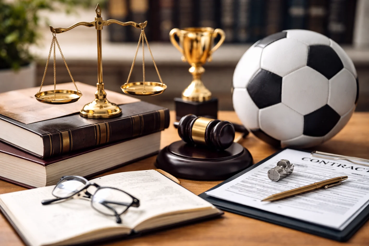 A professional workspace showing sports law elements, including a gavel, balance scale, law books, a soccer ball, trophy, and contract documents, symbolising academic research in sports law