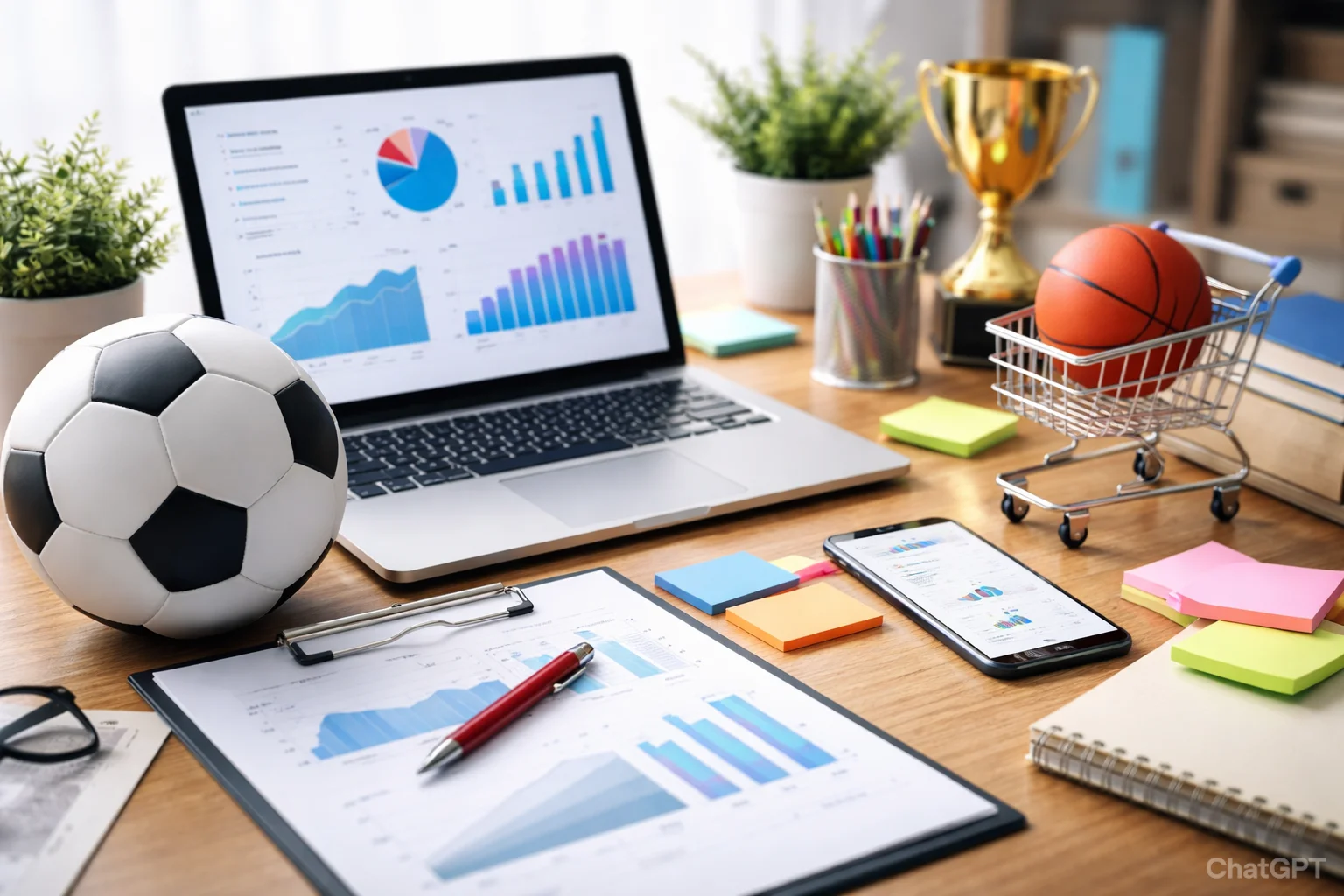 Laptop displaying sports marketing analytics charts on a desk with football, basketball, trophy, smartphone and research documents representing sports marketing dissertation research.