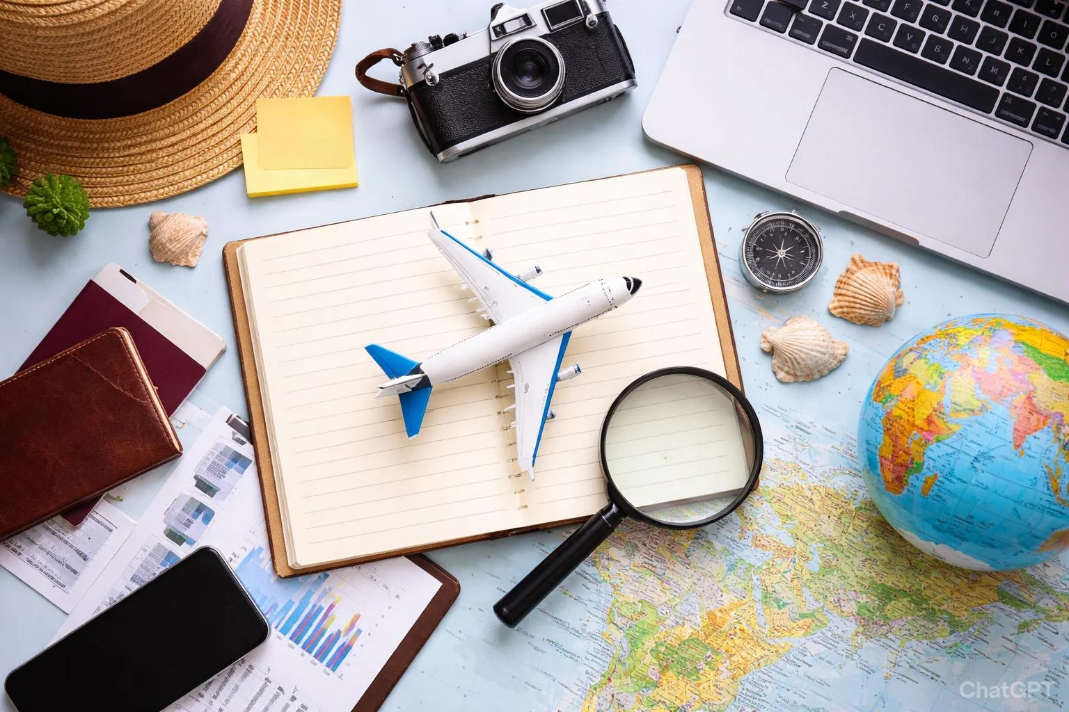 A flat-lay workspace for travel planning, featuring a globe, a notebook with a toy airplane, a magnifying glass, a vintage camera, a laptop, a smartphone, passport, and seashells, symbolising tourism, research, and travel marketing.