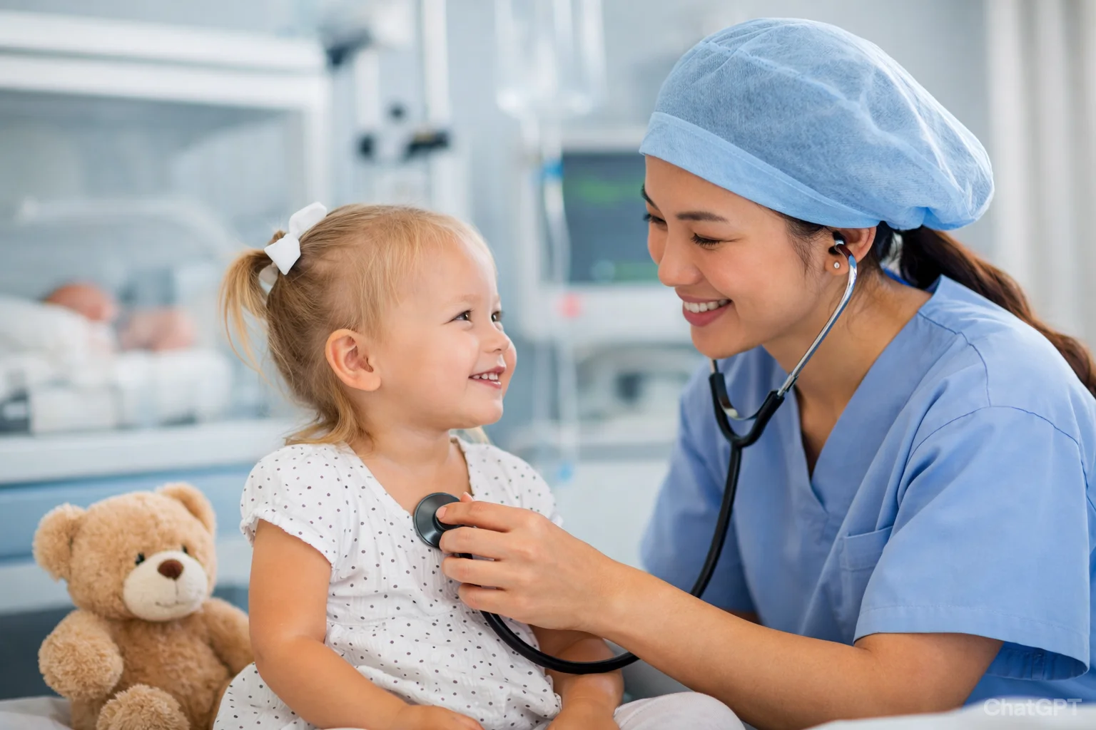 A nurse in blue scrubs uses a stethoscope to examine a smiling toddler in a paediatric care setting, symbolising child health nursing and supportive care.