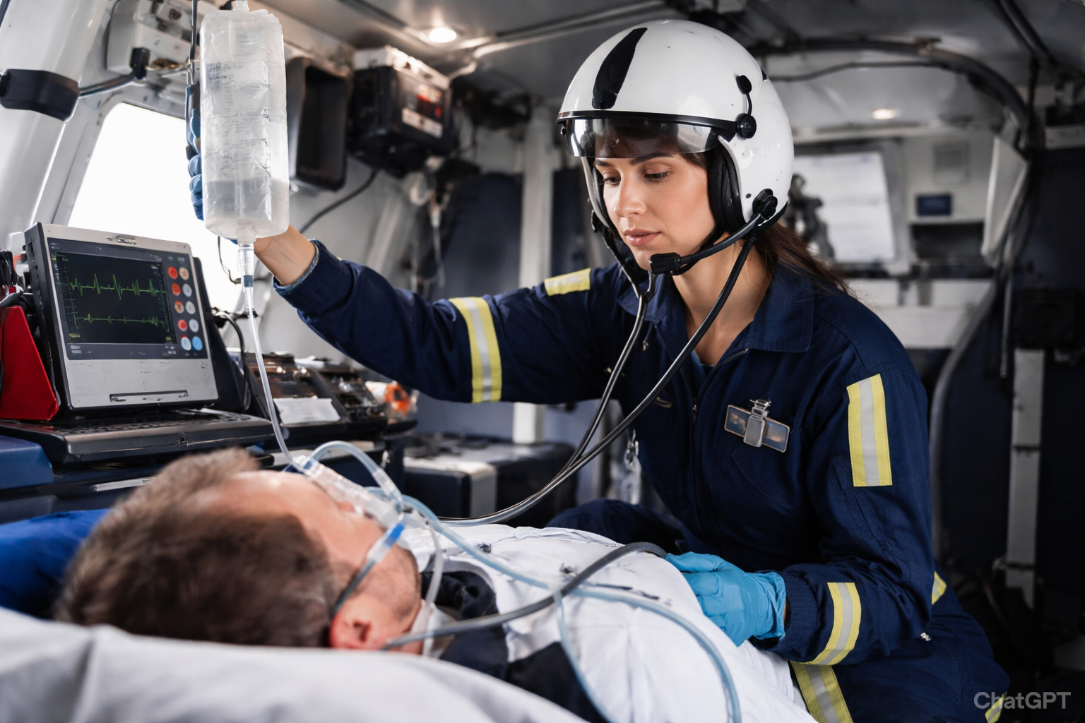 Flight nurse providing critical care to a patient inside a helicopter air ambulance during aeromedical transport