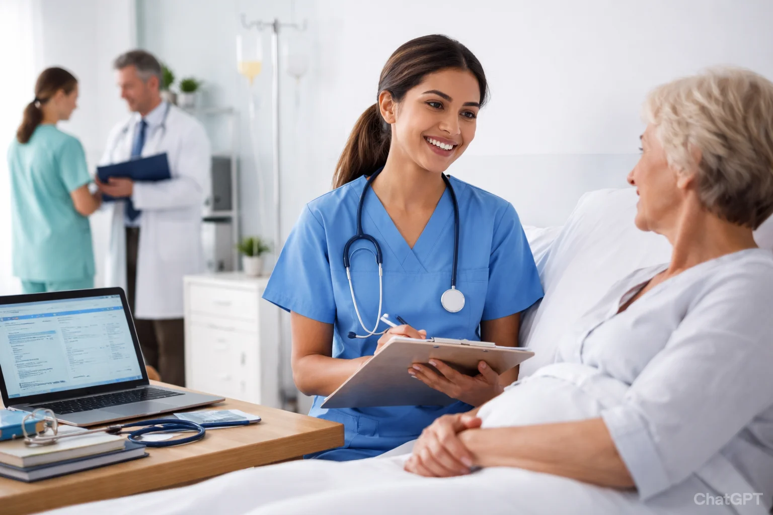 Professional nurse in scrubs reviewing patient charts in a hospital ward, with abstract academic symbols representing research and nursing practice.