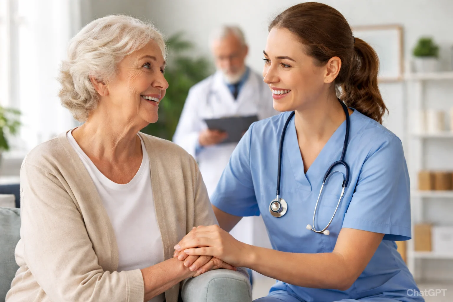 young nurse in blue scrubs warmly holds the hands of an elderly woman in a bright medical office while a doctor reviews a clipboard in the background, illustrating compassionate geriatric care.