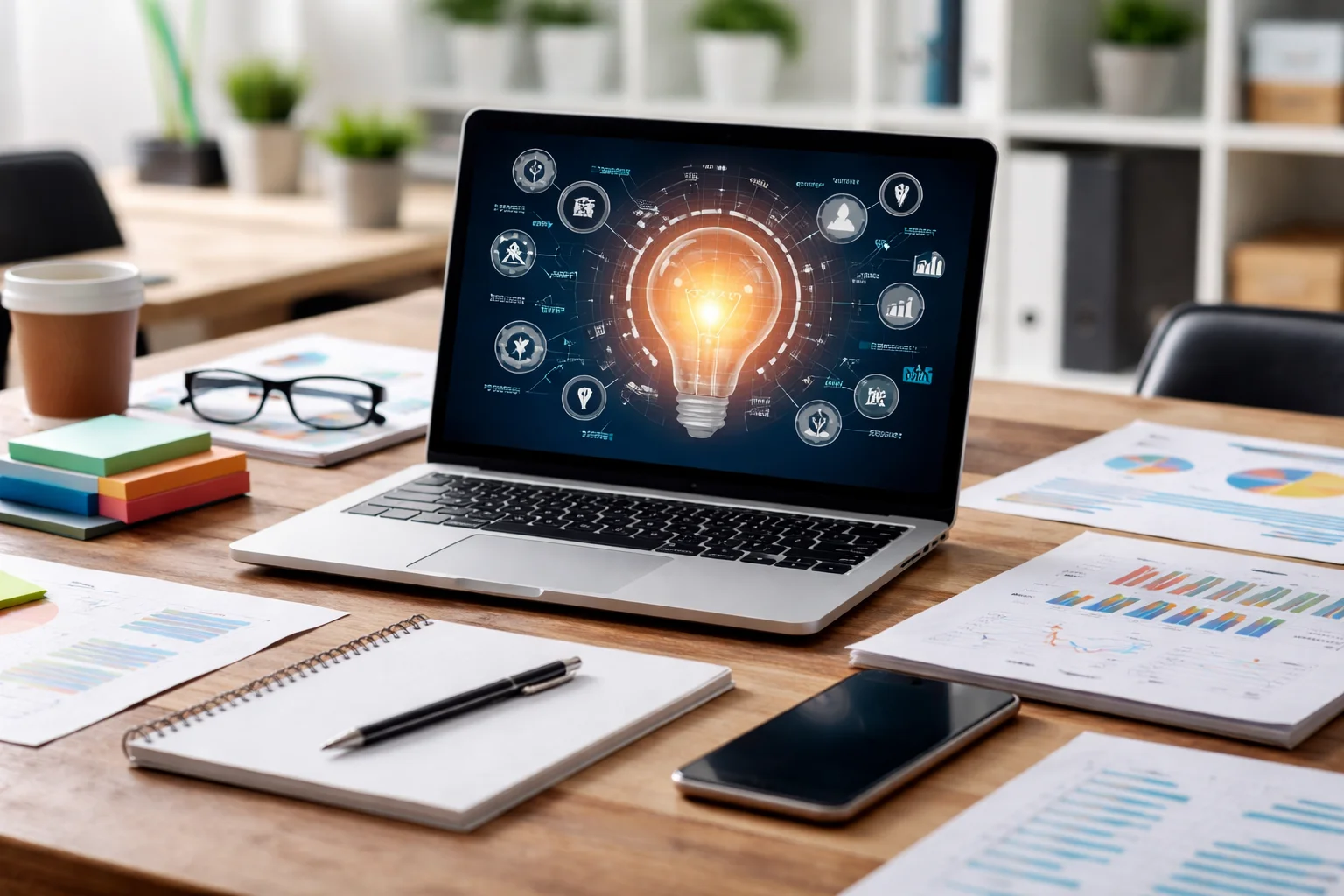 Laptop displaying a glowing lightbulb and digital business strategy icons on a modern office desk with charts, notebook, smartphone, and coffee cup