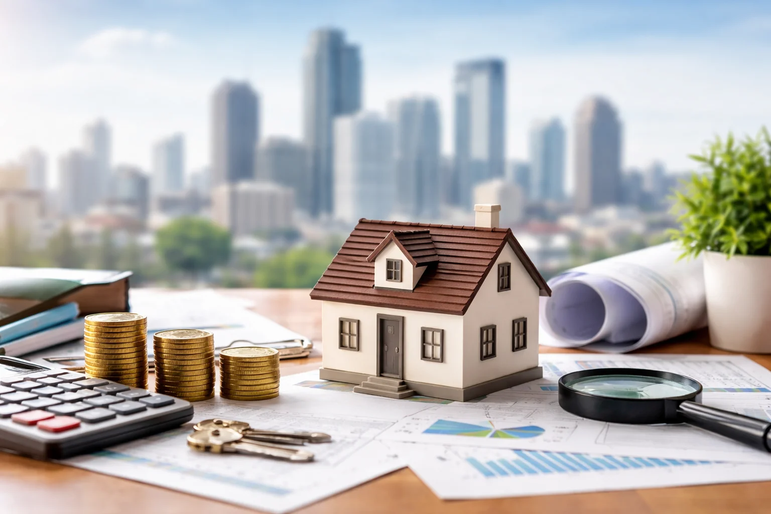 "Real estate management concept with a miniature house model, calculator, coins, keys, magnifying glass, and urban skyline, representing property investment and analysis.