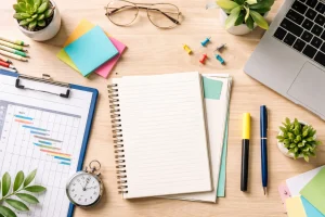 A top view of a desk with project management tools including a laptop, notebook, sticky notes, pens, and a Gantt chart, symbolising project planning and research