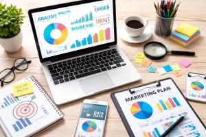 "A laptop, smartphone, and clipboard on a desk showing colorful charts and graphs representing marketing analysis and planning, surrounded by coffee, sticky notes, and stationery."