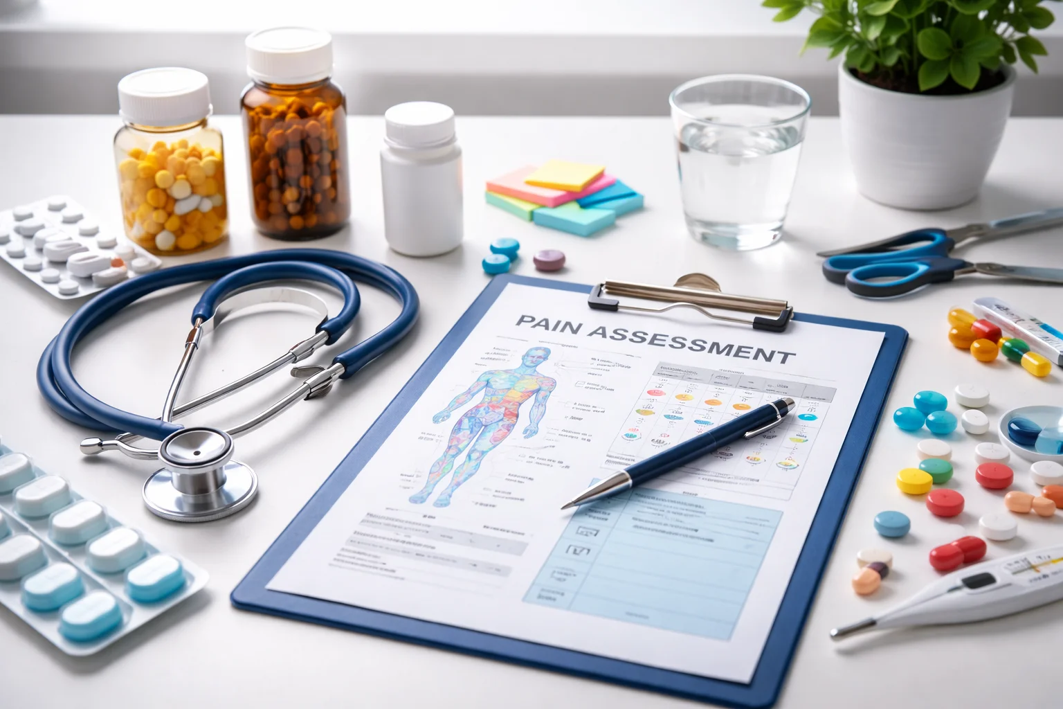 Nurse assessing patient pain levels using clinical pain management techniques in a hospital setting