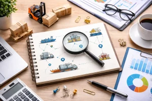 "Top-down view of a supply chain management concept on a desk, showing a notebook with a diagram connecting a factory, cargo ship, warehouse, truck, and retail store, surrounded by office tools, charts, and a coffee cup."