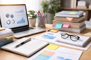 A well-organised study desk showing a laptop with charts, stacked books with sticky notes, notebooks, pens, glasses, and printed graphs, representing academic research and talent management dissertation preparation.
