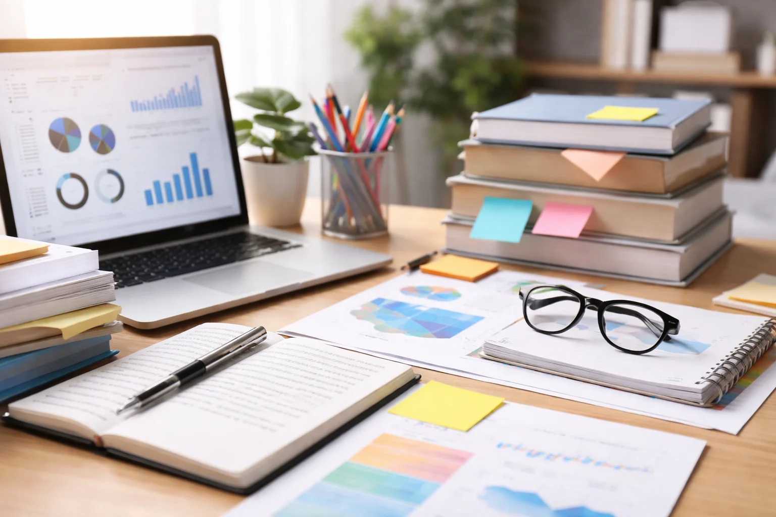 A well-organised study desk showing a laptop with charts, stacked books with sticky notes, notebooks, pens, glasses, and printed graphs, representing academic research and talent management dissertation preparation.