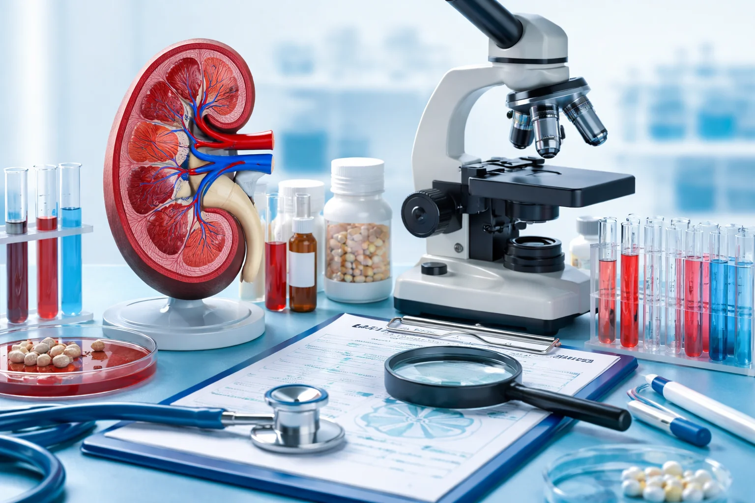 "Professional nephrology research setup showing an anatomical kidney model, microscope, test tubes with blood samples, stethoscope, and medical charts on a laboratory table, representing kidney health and clinical research."
