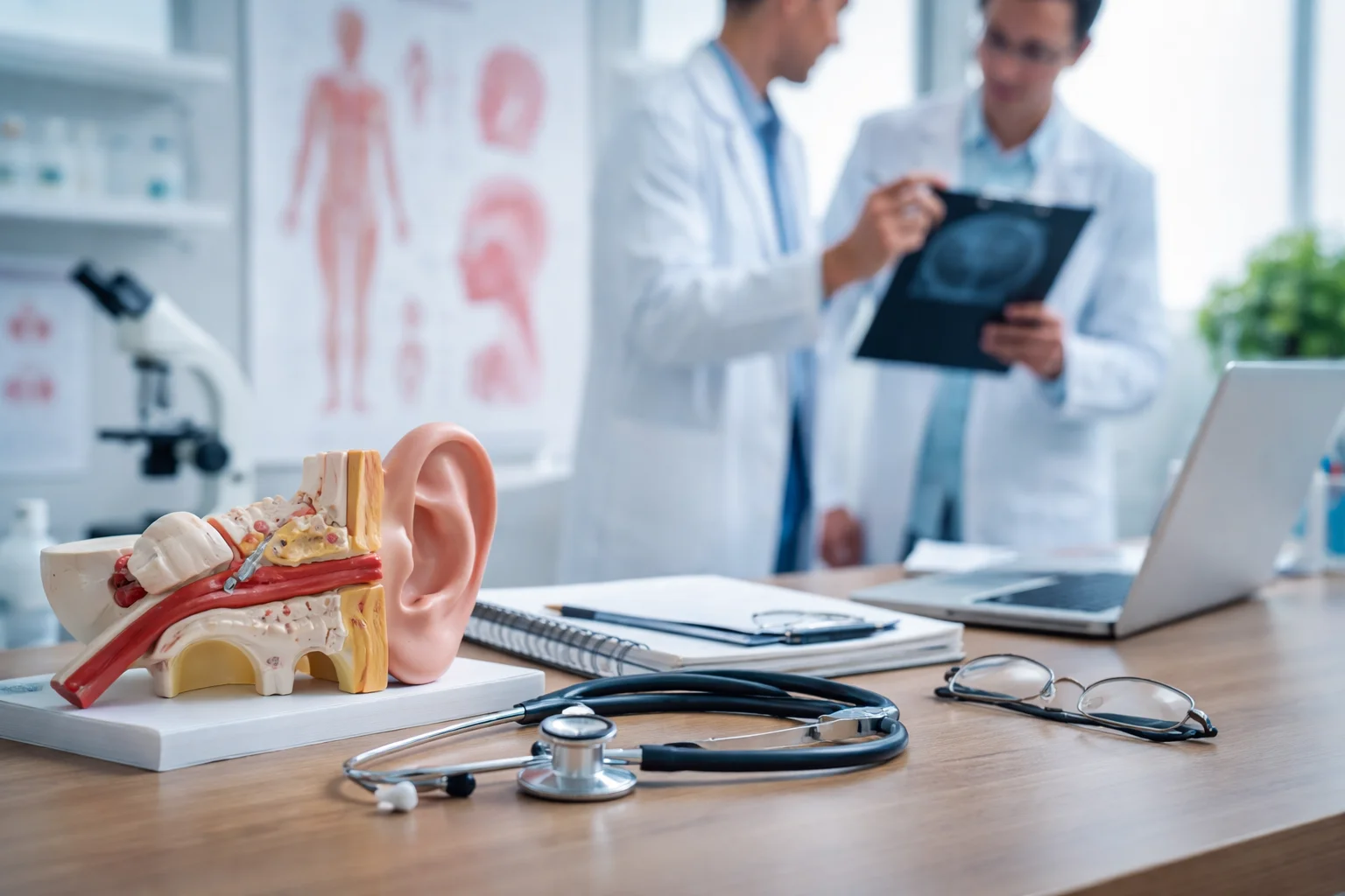 Otolaryngology researchers reviewing ENT clinical data with anatomical ear model and diagnostic tools in a medical research setting