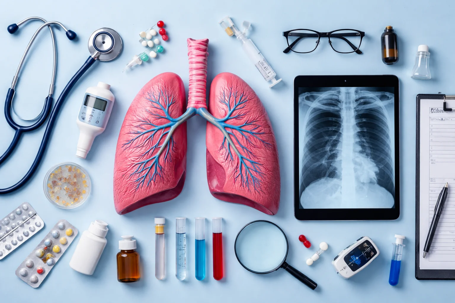 Pulmonology research concept showing anatomical lung model with respiratory diagnostic tools and medical equipment