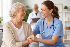 A smiling female nurse in blue scrubs holds the hand of an elderly woman sitting on a couch, with a male doctor blurred in the background of a bright medical clinic.