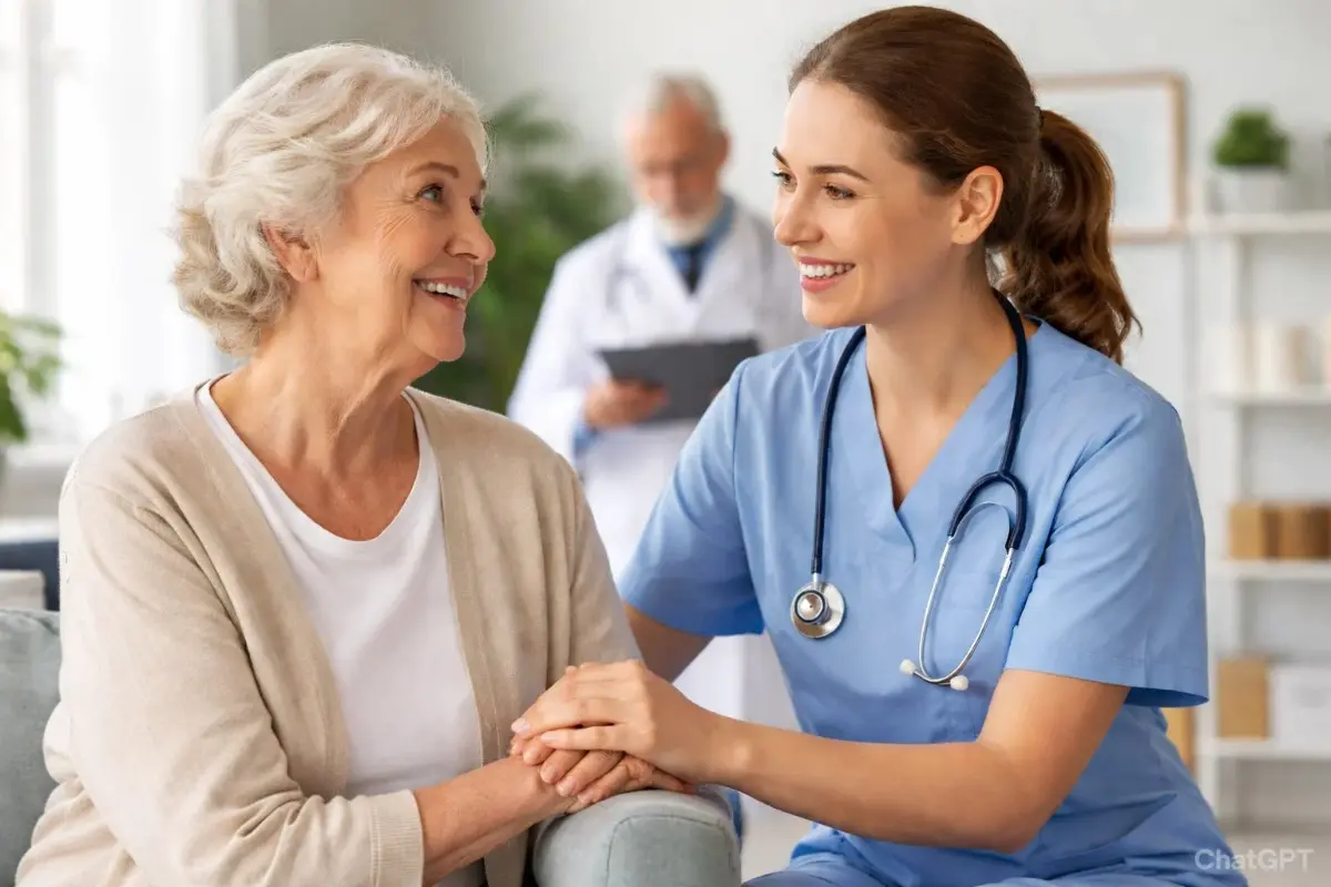 A smiling female nurse in blue scrubs holds the hand of an elderly woman sitting on a couch, with a male doctor blurred in the background of a bright medical clinic.