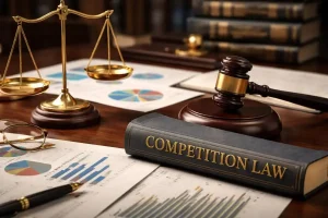 A legal book titled Competition Law sits on a wooden desk alongside a judge gavel scales of justice financial charts and a pen in a law library setting.