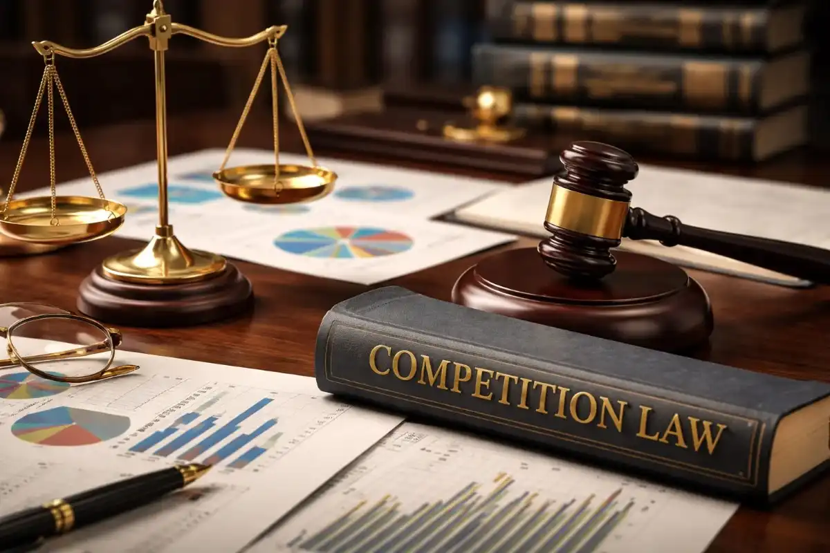 A legal book titled Competition Law sits on a wooden desk alongside a judge gavel scales of justice financial charts and a pen in a law library setting.