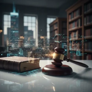 A wooden judge gavel and an old law book on a desk with glowing digital data graphics in a library, representing a contract law dissertation topic.