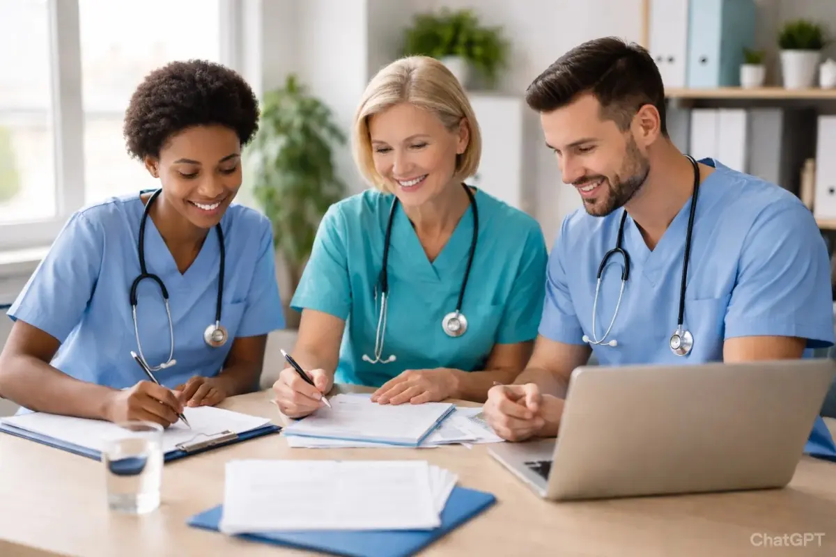 Three diverse nurses wearing blue and teal scrubs smiling while reviewing paperwork and looking at a laptop at a table