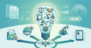 A conceptual vector illustration showing a large lightbulb with legal and work icons, surrounded by dynamic arrows pointing to key research areas in employment law for 2026.