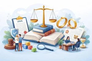 An illustration representing family law and divorce proceedings featuring a scale of justice on law books, a broken wedding ring, a gavel, custody blocks, and a legal consultation meeting.