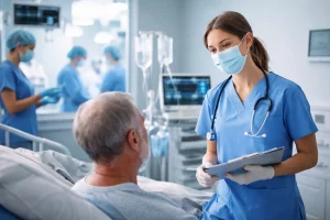 A female nurse wearing blue scrubs, a face mask, and a stethoscope holds a clipboard while speaking with an elderly male patient in a hospital room with medical equipment in the background.