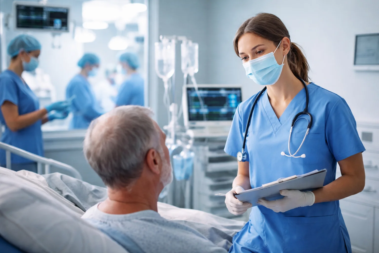 A female nurse wearing blue scrubs, a face mask, and a stethoscope holds a clipboard while speaking with an elderly male patient in a hospital room with medical equipment in the background.