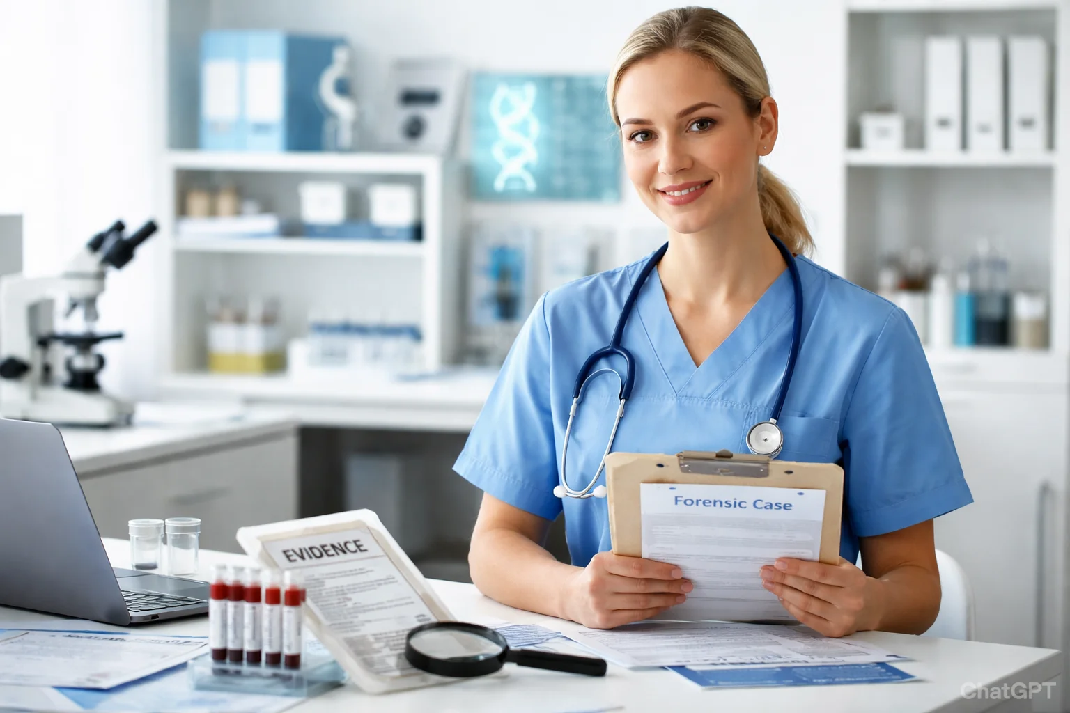 A female forensic nurse in blue scrubs smiling at the camera while holding a clipboard labeled Forensic Case at a desk with medical evidence vials and a laptop in a laboratory setting.