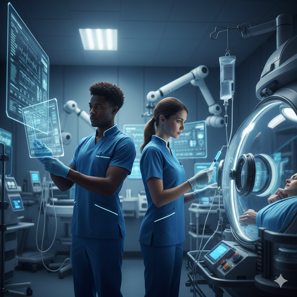 Two emergency nurses in modern blue scrubs work in a high-tech medical environment, interacting with holographic patient data displays and advanced life-support equipment to provide precision care.