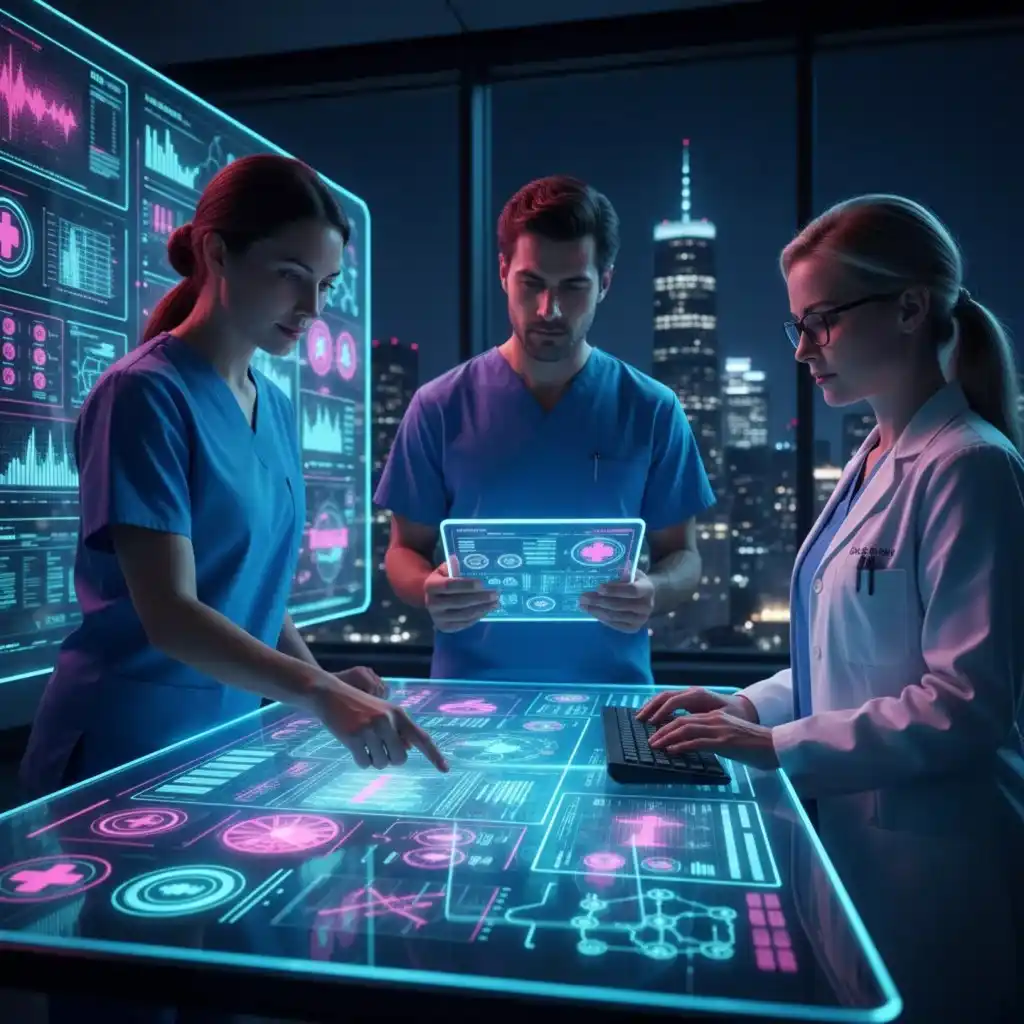 Three medical professionals in a dark high-tech room analyzing glowing blue and pink digital patient health data on a large interactive touch-screen table and glass tablets against a night cityscape.