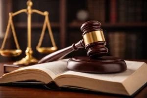 A wooden judge gavel on an open law book representing human rights litigation and international justice systems with scales in the background.