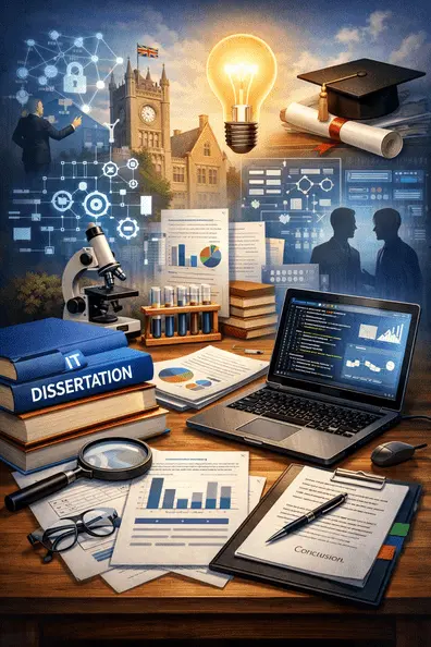 Student working on an IT dissertation in the UK, with laptop, books, charts, and data analysis, representing research, technical skills, and academic guidance.