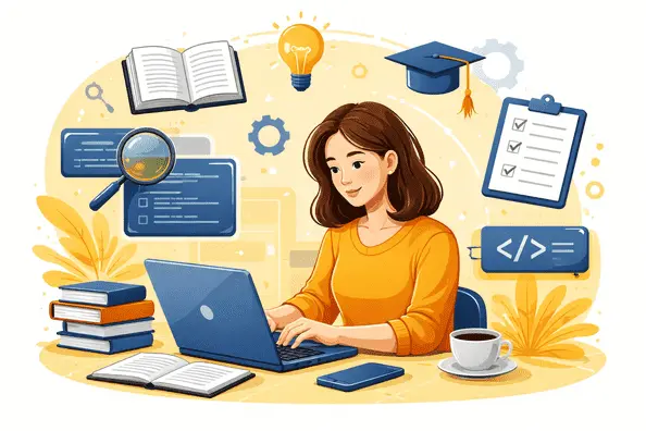 Student typing on laptop with books, coding icons, and academic symbols, focused on IT dissertation research.