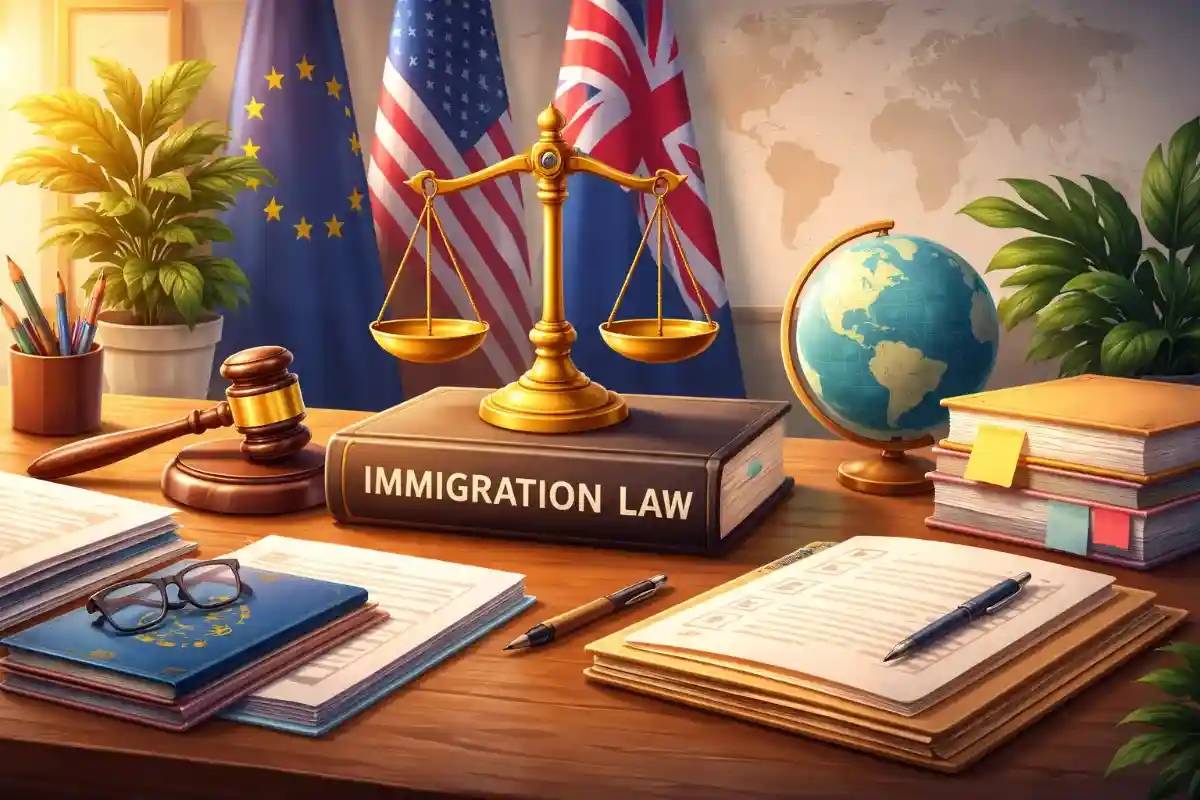 A wooden desk featuring a large textbook titled Immigration Law with a golden scale of justice resting on top. A legal gavel, open documents, a globe, and eyeglasses sit on the desk in front of the European Union, United States, and United Kingdom flags.