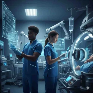 An African American male nurse analyzing holographic patient data next to a female nurse attending to a patient inside an advanced medical incubation capsule in a futuristic intensive care unit.