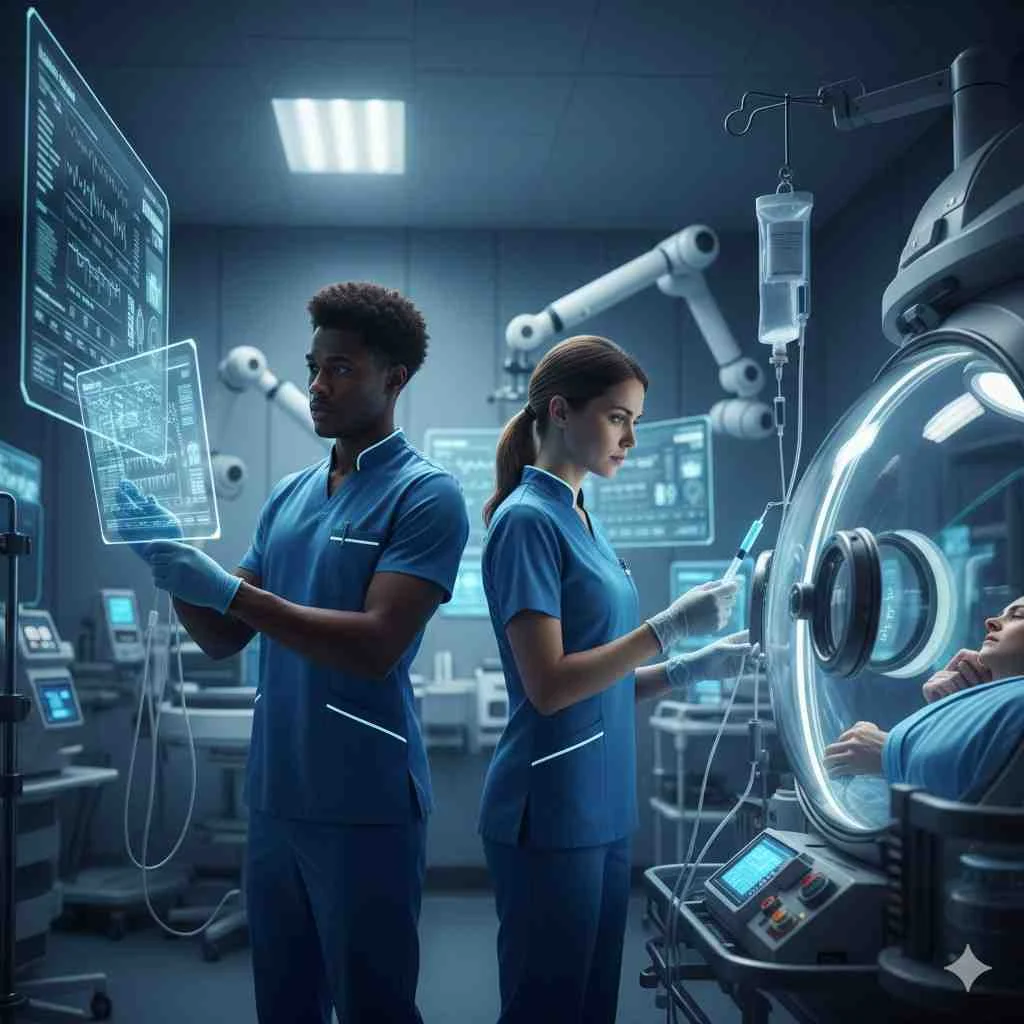 An African American male nurse analyzing holographic patient data next to a female nurse attending to a patient inside an advanced medical incubation capsule in a futuristic intensive care unit.