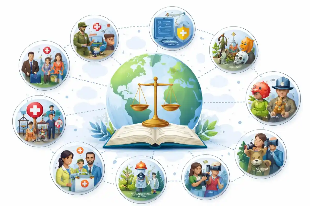 An illustration featuring a globe with a golden scale of justice resting on an open book at the center, surrounded by ten circular icons connected by dotted lines depicting diverse global scenarios, humanitarian aid workers, medical response, and emergency personnel.