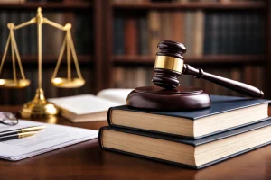 A wooden judge gavel resting on stacked law books next to a golden scale of justice in a library