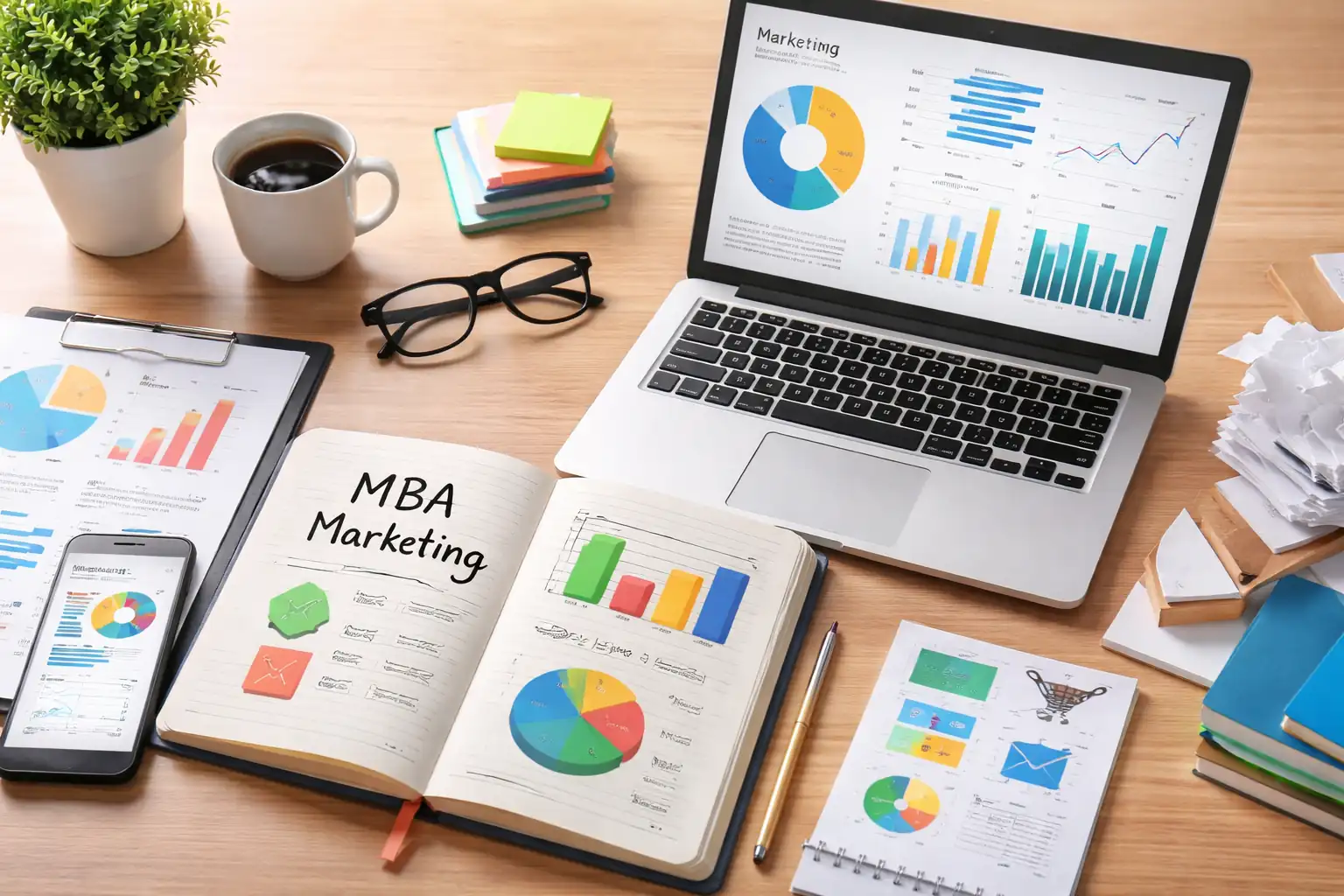 Modern workspace featuring MBA Marketing study materials, including a laptop with analytics charts, notebook with graphs, smartphone, and marketing icons, illustrating digital marketing and research concepts.