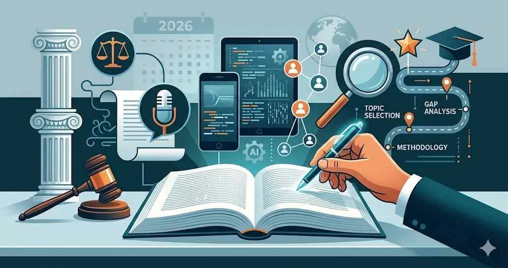 A law student planning a research methodology for media law dissertation topics in 2026 with digital media and AI icons.