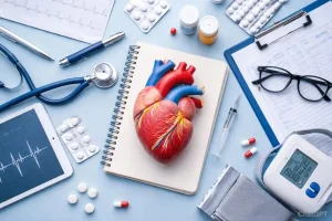 A top down view of a medical desktop featuring an anatomical model of a human heart on a notebook surrounded by a stethoscope blood pressure monitor tablet with an ECG readout pills and syringes