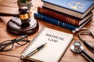 A wooden desk with a gavel, a stethoscope, eyeglasses, law books, and a spiral notebook that reads Medical Law with a pen on top.