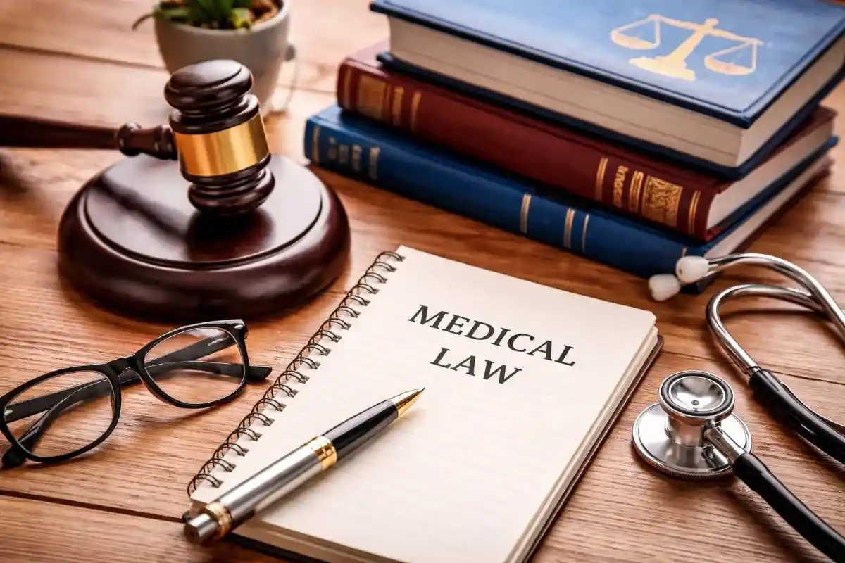 A wooden desk with a gavel, a stethoscope, eyeglasses, law books, and a spiral notebook that reads Medical Law with a pen on top.
