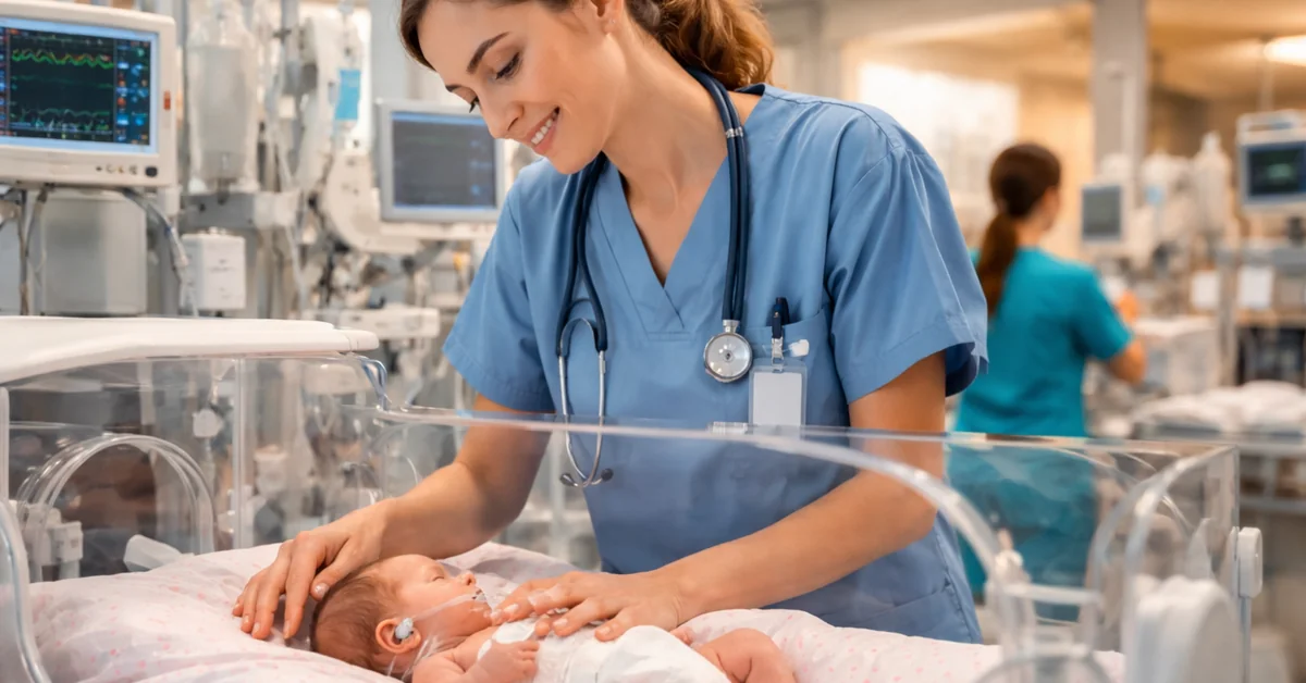 A smiling female neonatal nurse in blue scrubs gently touching a newborn baby inside a medical incubator in a hospital intensive care unit.