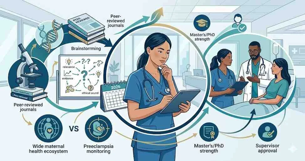 An obstetric and gynecological nursing student in blue scrubs holds a tablet while planning a research dissertation next to clinical and academic icons representing maternal healthcare.