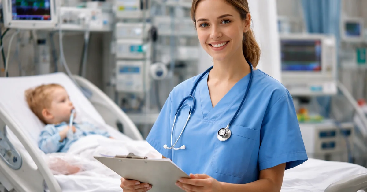 A smiling female pediatric nurse wearing blue scrubs and a stethoscope holds a clipboard in a hospital intensive care unit, with a young child patient in a hospital bed in the background.