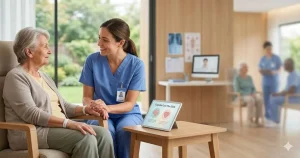 A nurse holding an elderly patient’s hand and smiling while a tablet shows a ‘Cognitive Care Plan 2026’ graphic