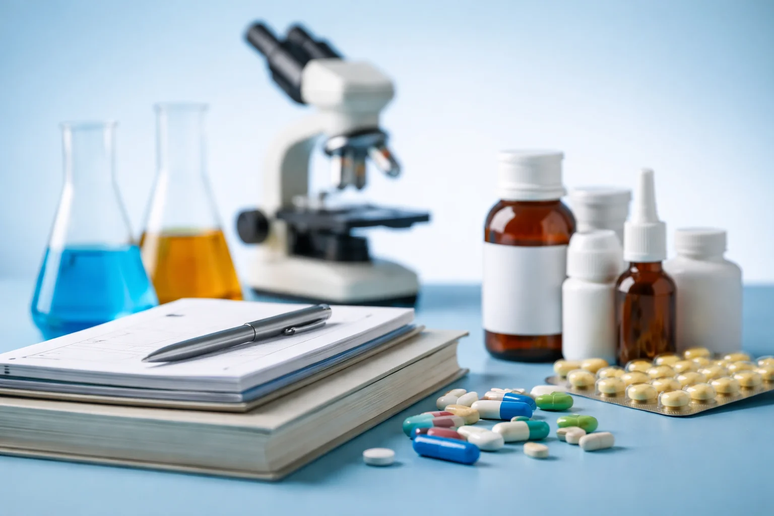 A laboratory desk with a microscope, flasks filled with blue and yellow liquids, notebooks with a pen, various prescription medicine bottles, loose capsules, and blister packs of pills on a light blue background.