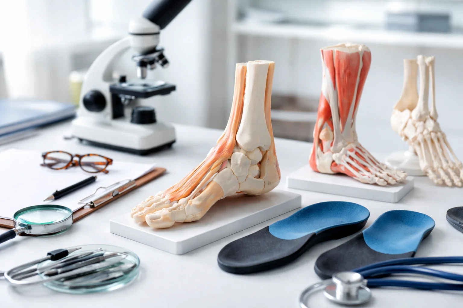 Medical desk featuring human foot anatomy models showing bones and muscles, orthotic shoe insoles, a stethoscope, and a microscope in a podiatrist office.